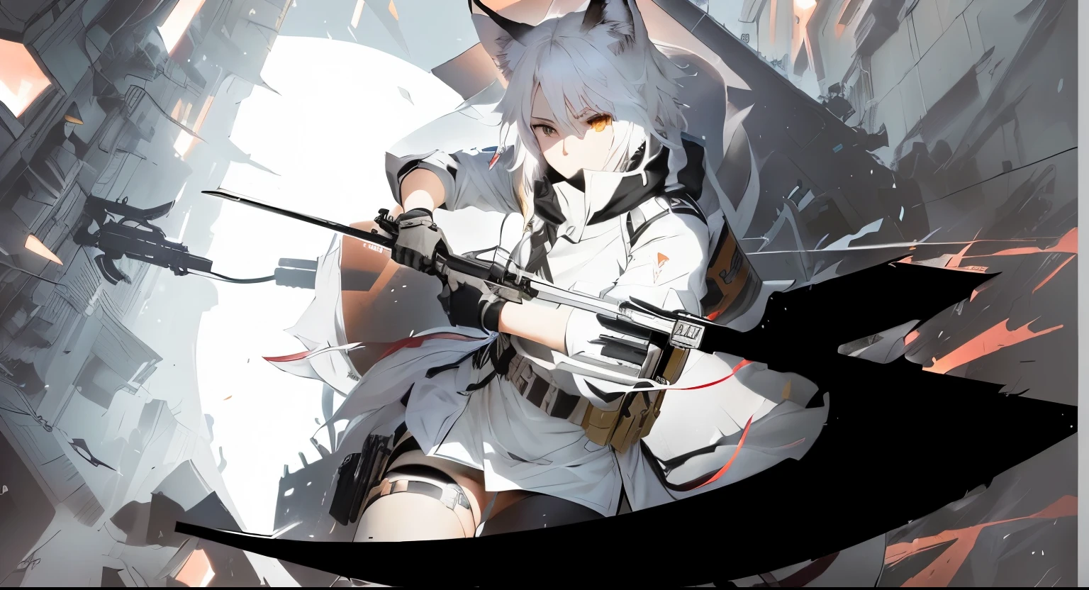 With a gun in hand,Anime Characters, Zelokan art, Trigger anime art style, Unknown art style, Epic anime style,, Zelokan, Provided by Shingei, White Fox Animation, From Arknights, anthropomorphic cat ninja, Sketch art style, Fox Shin holding a sickle,White Dress