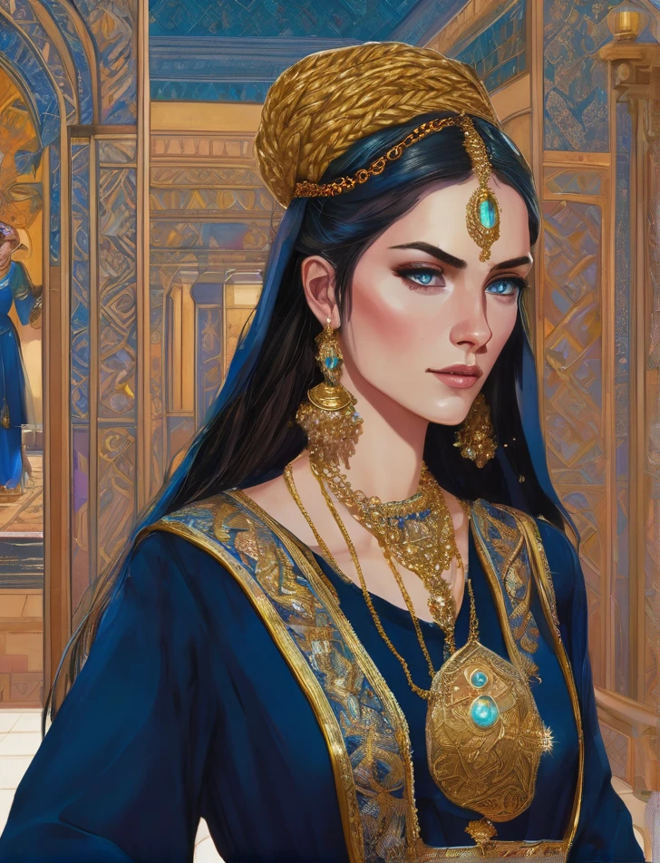 A Slav, with dark blue eyes and long braided hair, skinny and tall, with a dress studded with precious stones and embroidered in gold, with maids to help her dress, and deep down she is in her room