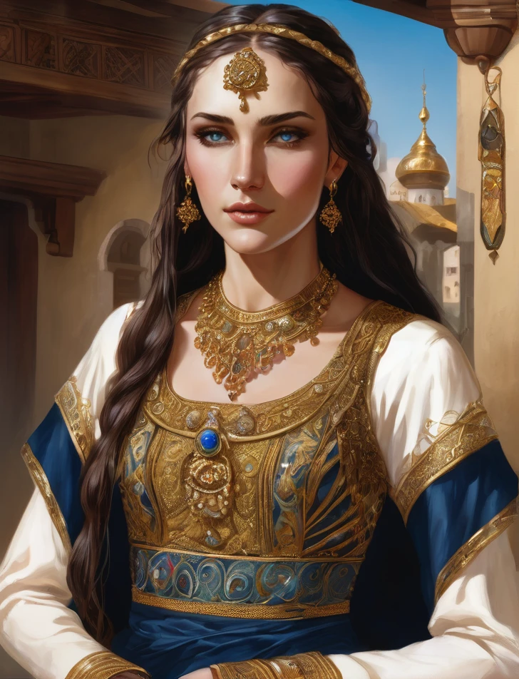 A Slav, with dark blue eyes and long braided hair, skinny and tall, with a dress studded with precious stones and embroidered in gold, with maids to help her dress, and deep down she is in her room