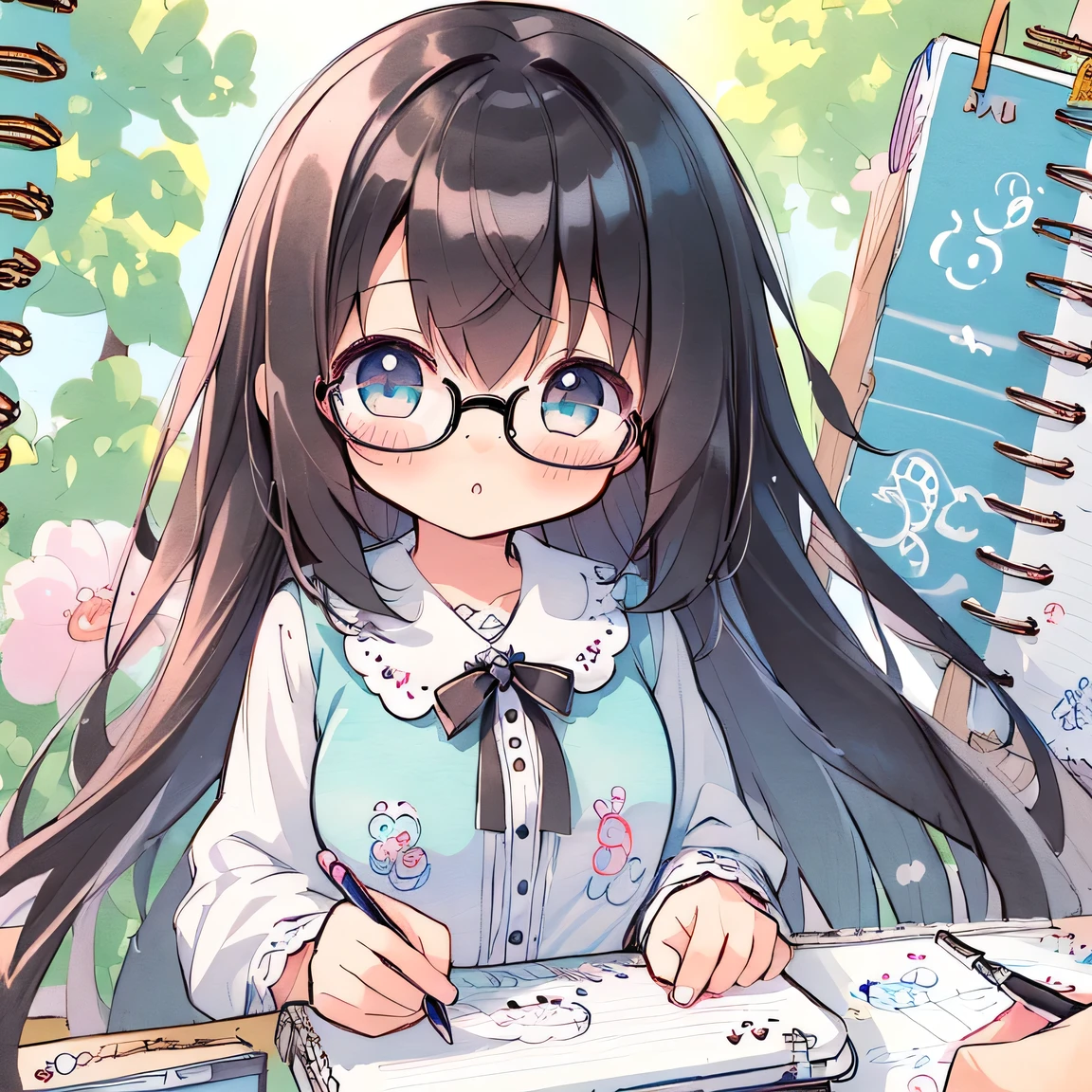 ((masterpiece)), ((best quality)), (ultra-detailed), ((kawaii)), cute, (lovely), illustration, anime style, (chibi:1.2), white sundress, (beautiful eyes), beautiful black hair, (long hair), slim, slender, glasses, medium breast, (Doodling in a sketchbook:1.6), Looks like a lot of fun.