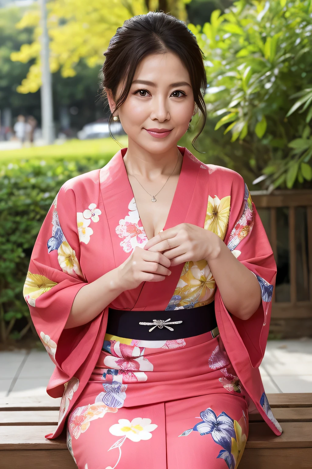 fruit、最high quality, 8K, Masseter muscle area, Vibrant, Sharp focus, high quality, High resolution, alone, 2 middle aged women, Beautiful woman, 55 years old, (Esbian all over), Kimono Pose、High-end kimono、High class clothing、Facial details, Highly detailed eyes, Thick lips, ((Looking at the audience)), Plump figure, Beautifully styled hair, Cleavage, Brightly colored patterned dress, In front of the garden in the park in the afternoon、NSFW、Browsing Caution、Masterpiece