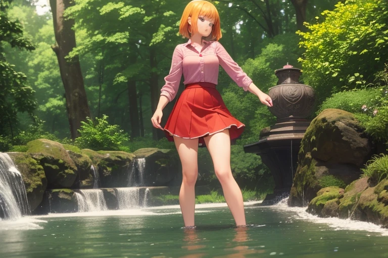high resolution,high quality,(Perfect body),Perfect face,Fountain in the forest,A girl in a spring up to her knees,Pulling up her skirt,Red Skirt,Checkered Skirt,Yellow blouse,Medium Hair,Dark green hair,Blue Eyes,Staring at the surface of the water
