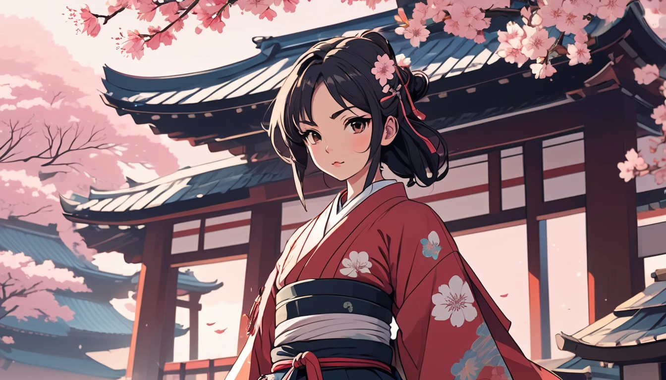 Female samurai,knife,Background is cherry blossoms and a Japanese temple、 Wide-angle lens, Lofi Anime, Lofi illustration, Aesthetic atmosphere, Lo-Fi Style, Vector art, Flat Design, Simple shape, Warm tones, Pleasant atmosphere, Chill, In anime style, Digital drawing, Vector art, Vector logo for t-shirt printing, (Adorable:1.5), (small:1.4), (Playful:1.2), (soft:1.3), (Whimsical:1.1), masterpiece, Highest quality, 8K, Intricate details, grow, Celestial, Mysterious, Picturesque, amazing, Majestic, Magic, Fantasy art, Cover art, dream-like