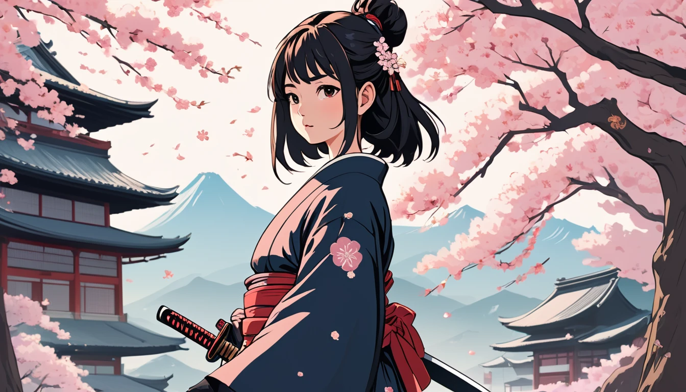 Female samurai,knife,Background is cherry blossoms and a Japanese temple、 Wide-angle lens, Lofi Anime, Lofi illustration, Aesthetic atmosphere, Lo-Fi Style, Vector art, Flat Design, Simple shape, Warm tones, Pleasant atmosphere, Chill, In anime style, Digital drawing, Vector art, Vector logo for t-shirt printing, (Adorable:1.5), (small:1.4), (Playful:1.2), (soft:1.3), (Whimsical:1.1), masterpiece, Highest quality, 8K, Intricate details, grow, Celestial, Mysterious, Picturesque, amazing, Majestic, Magic, Fantasy art, Cover art, dream-like