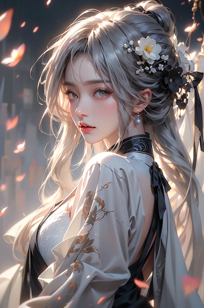 super high quality, masterpiece, Perfect illustration, Very detailed (Exquisite light and shadow, Very dramatic photo,Backlight) , ((Gray Hair:1.5))1 Girl,(( alone:1.6)), (Wearing Han clothes, Black and white Hanfu,Monotony,Long sleeve) Flower Field, Flowers, (White smoke:1.3) (Realistic:1.4), Zen Intertwining, Tangled, Official Art, unity 8k wallpaper, Very detailed, Beautiful and beautiful, masterpiece, Highest quality, (Dynamic Angle: 1.4), Glowing Skin, (Floating colorful flashes: 1) The most beautiful chaotic shapes, elegant, Brutalist Design, Bright colors, Romantic Depth of Field Exotic_dance, half_naked、(Separate sleeves:1.4, Expose your shoulders、Ample breasts、Beautiful cleavage)(side view)