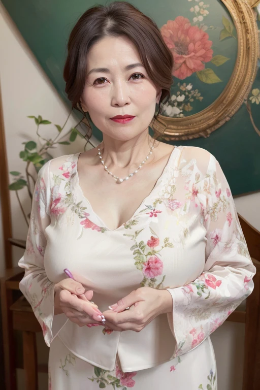 Beautiful mature 55 year old Japanese woman, Married women, Fine Lines, Long eyelashes, Shining Eyes, Low Ponytail, Red lipstick, elegant, Gorgeous figure, Pearl Necklace, Large Breasts, Stylish floral outfit, skirt, Midsummer, (Highest quality,4K,8K,High resolution,masterpiece:1.2),