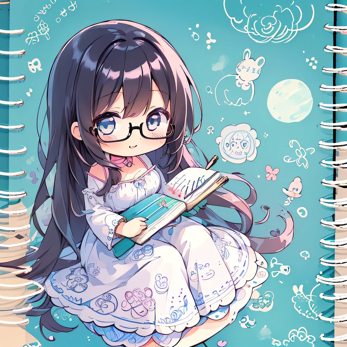((masterpiece)), ((best quality)), (ultra-detailed), ((kawaii)), cute, (lovely), illustration, anime style, (chibi:1.4), white sundress, (beautiful eyes), beautiful black hair, (long hair), slim, slender, glasses, medium breast, (Doodling in a sketchbook:1.6), Looks like a lot of fun.