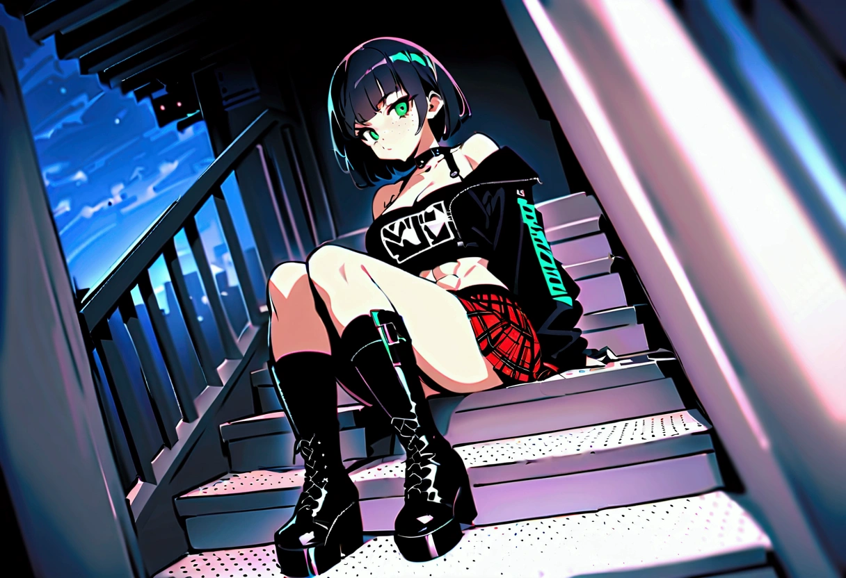 woman, curly red pixie cut hair, green eyes, wearing crop top black shirt, long black jacket, red plaid skirt, (black knee high boots), black fingerless gloves, exposed shoulders, (full body), large breasts freckles, cleavage, abs, looking at viewer, masterpiece, best quality, an14, Holo-Punk Style, sitting on steps