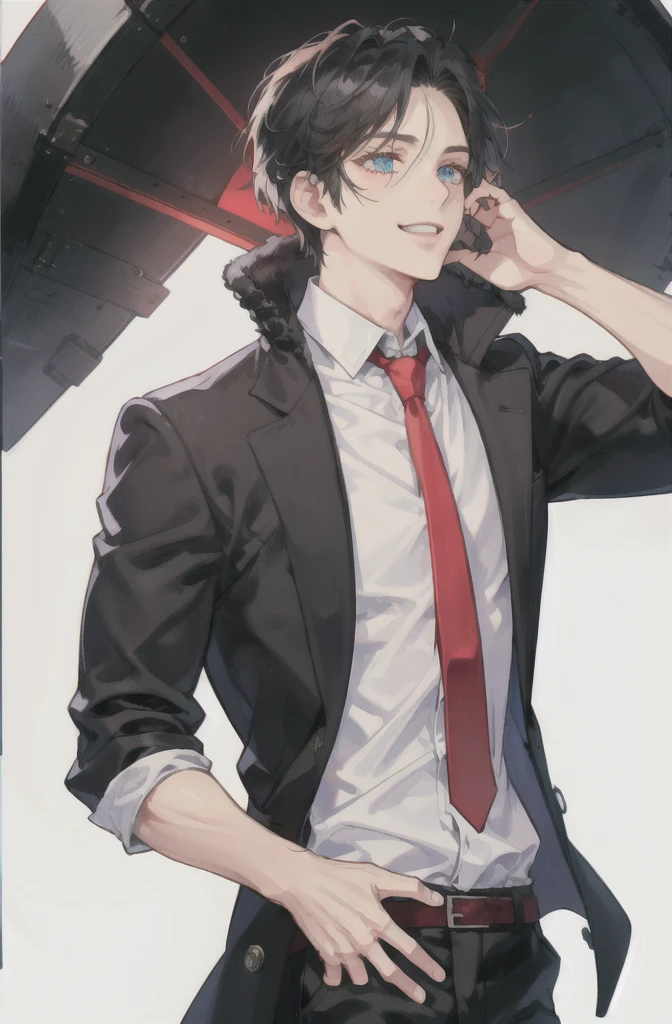 masterpiece, man, Black Hair, short hair, blue eyes, Red pupil, giggle, Black coat, White shirt, tie, Upper Body, Pants, Simple background