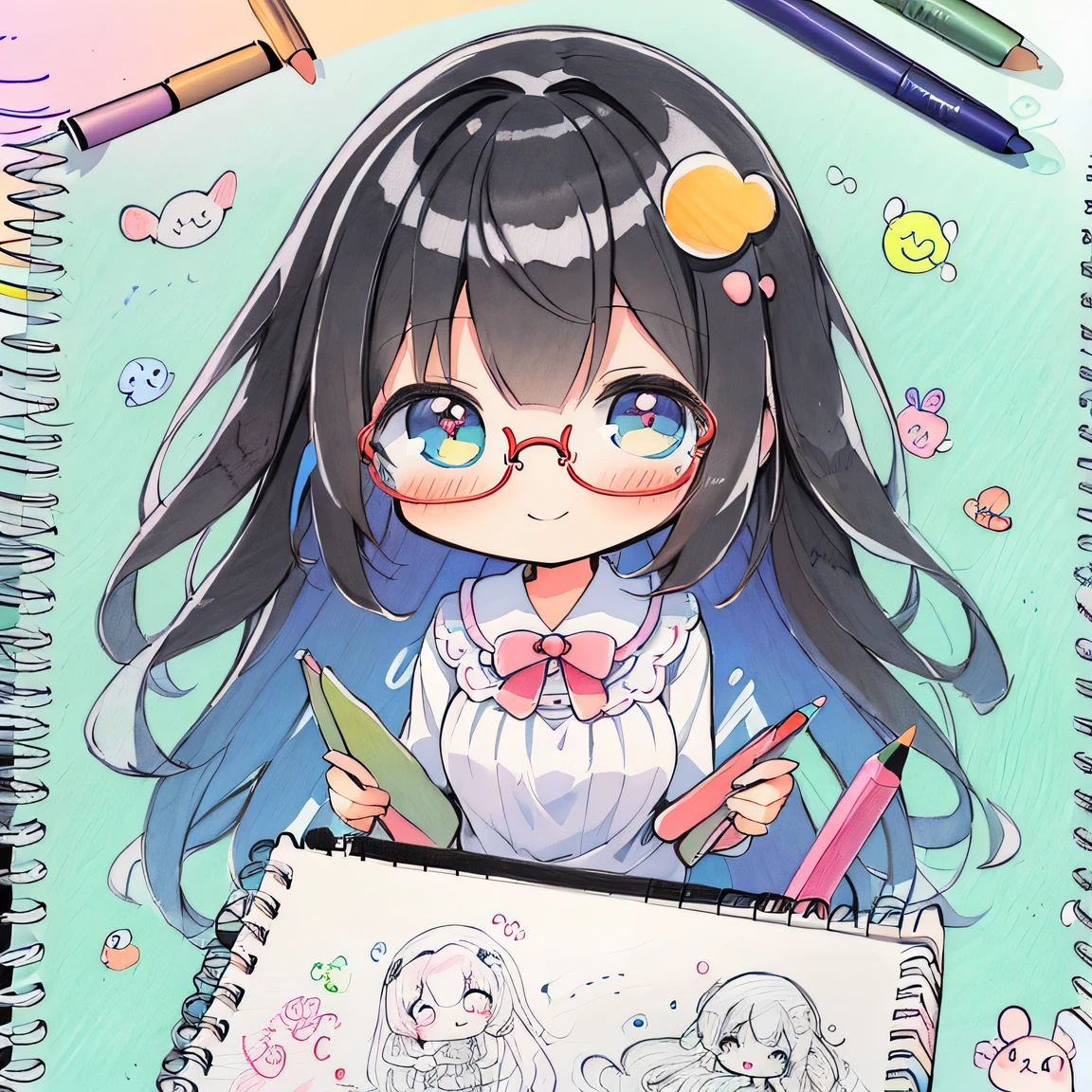 ((masterpiece)), ((best quality)), (ultra-detailed), ((kawaii)), cute, (lovely), illustration, anime style, (chibi:1.4), white sundress, (beautiful eyes), beautiful black hair, (long hair), slim, slender, glasses, medium breast, (colorful crayons:1.2), (Doodling in a sketchbook:1.6), Looks like a lot of fun, smiling, Looking innocent.