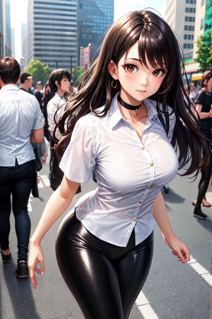 Woman with black hair., long brown eyes, tender look and a pretty but sexy face, posing sexy. , She is dressed in a short-sleeved white button-down shirt with a white collar., shiny black leggings, choker: 1.6, thin girl, brown eyes young girl with great taste, Walking around the city, at daytime