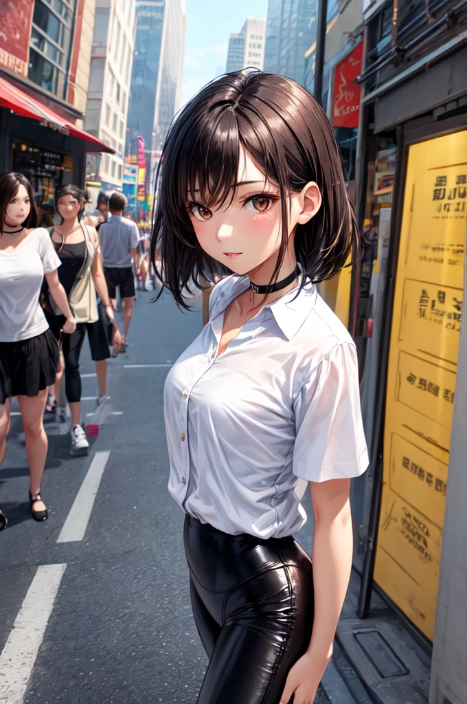 Woman with black hair., long brown eyes, tender look and a pretty but sexy face, posing sexy. , She is dressed in a short-sleeved white button-down shirt with a white collar., shiny black leggings, choker: 1.6, thin girl, brown eyes young girl with great taste, Walking around the city, at daytime