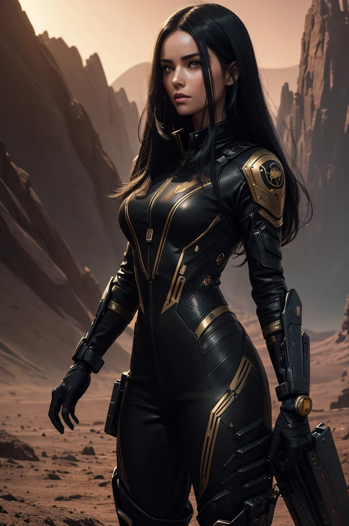 ((best quality)), ((masterpiece)), (detailed), Create an image of a beautiful girl with long black hair. She is wearing a futuristic warrior jumpsuit in black with a few gold details. The girl is standing on the surface of Mars, characterized by its red, rocky terrain and a dramatic Martian sky. In the background, there is a futuristic combat plane featuring the COD logo clearly visible. The scene should convey a sense of futuristic adventure and sci-fi elements.