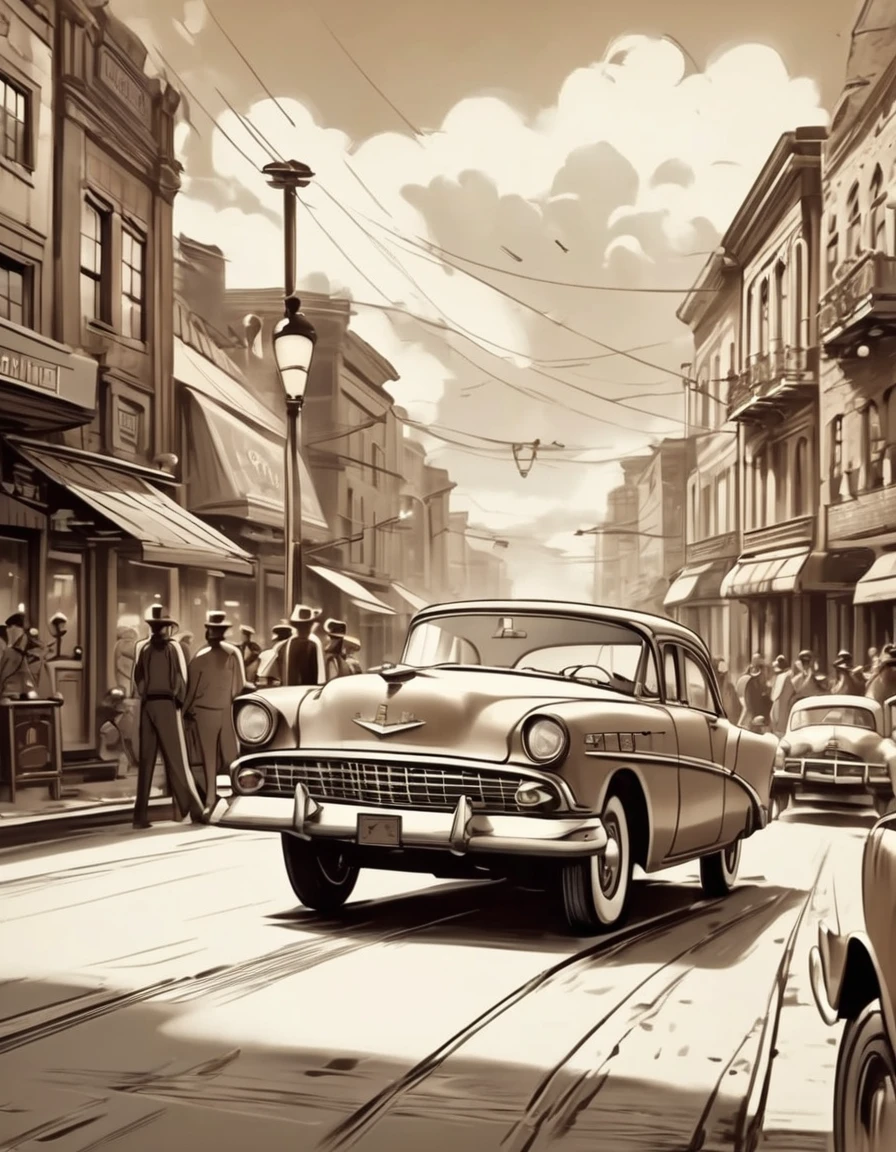 Vintage animation of a bustling street scene, hand-drawn style, sepia tones, nostalgic atmosphere, Elon Musk, classic animation, retro, charming, scenic background, classic cars, smooth motion, high quality, vintage, detailed characters, bustling street, classic animation, nostalgic atmosphere, charming, retro, scenery, classic cars, smooth motion, atmospheric lighting