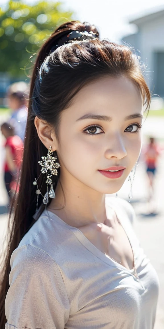(Extremely detailed CG),(((8K))),wallpaper,((Extremely exquisite and beautiful)),(((masterpiece))),(((Best quality))),(((Ultra-high resolution))),Beautiful light,Realistic shadows,(Smooth and flawless fair skin:1.5),(Extremely delicate facial details:1.2),(Extremely detailed:1.5),((A beautiful girl,Solitary)),(Short Ponytail:1.2),(Small head:1.2),(Thin face:1.2),(Exquisite makeup:1.3),(Happy:1.2),(lol:1.2),(Perfect body:1.1),(Short sleeve:1.2),(beige blouse:1.3),(Small Breasts:1.2),(flat chest:1.2),(cleveage:1.3),((Slim,Thin)),(From the front:1.3),(permanent:1.3),(Put your hands behind your back:1.2),(At the school gate:1.3),(outdoor:1.2),(early summer:1.3),(Day scene:1.5),(Sunlight:1.3),(Surrounded by a crowd:1.3),(Close-up of face:1.3),