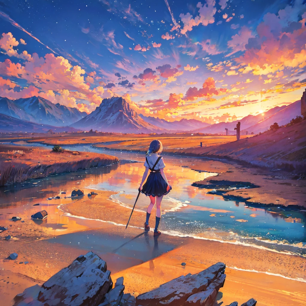 Masterpiece, ultra detailed, beautiful,Super Saturation, desert,1 girl, desert princess, anime picture, arcadia , from a distance, landscape,Nevada,desert:1.6