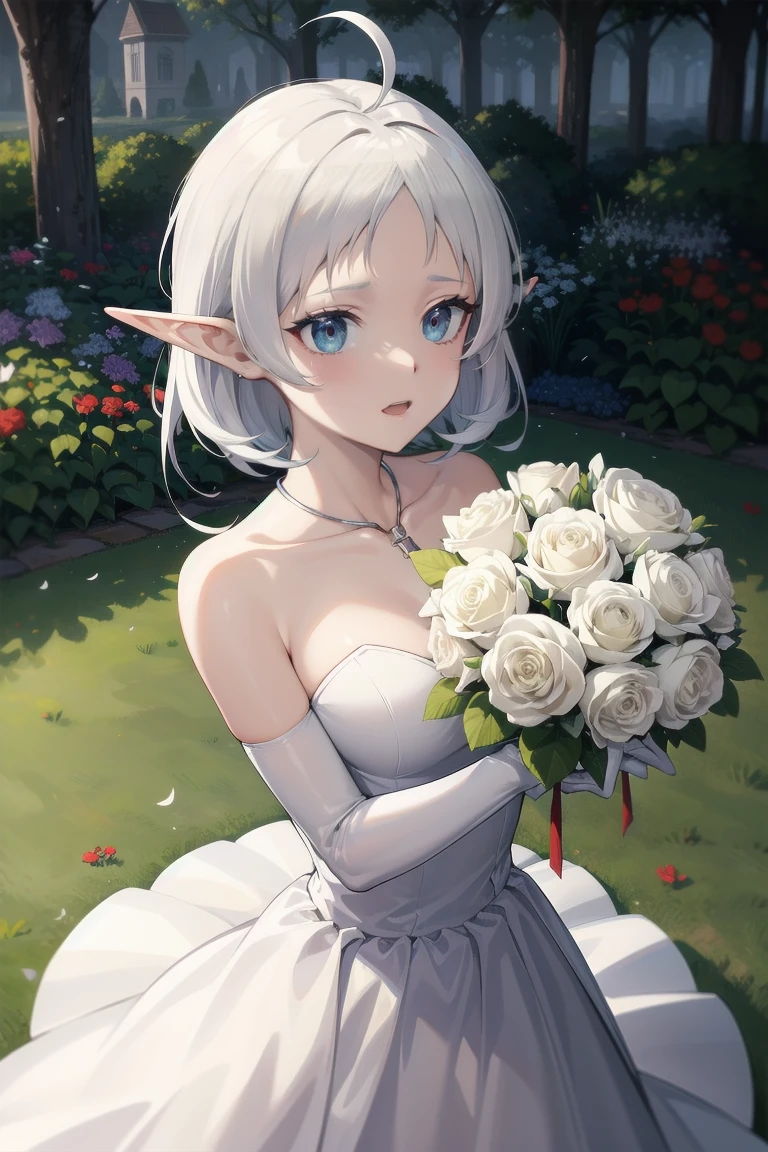 work of art, best qualityer, high resolution, aaychika,  Diadem, bridal veil, necklase, neckleace, dress wedding, strapless dress, white gown, whitegloves, elbow gloves, garden in the background, ssmile, gaping mouth, tears, trunk, confeti, Holding a bouquet in your hands, bouquet, short white hair, ahoge, elf ears, greeneyes