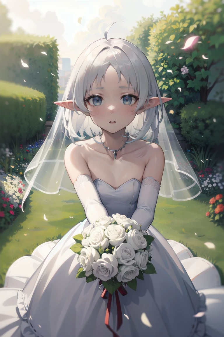 work of art, best qualityer, high resolution, aaychika,  Diadem, bridal veil, necklase, neckleace, dress wedding, strapless dress, white gown, whitegloves, elbow gloves, garden in the background, ssmile, gaping mouth, tears, trunk, confeti, Holding a bouquet in your hands, bouquet, short white hair, ahoge, elf ears, greeneyes