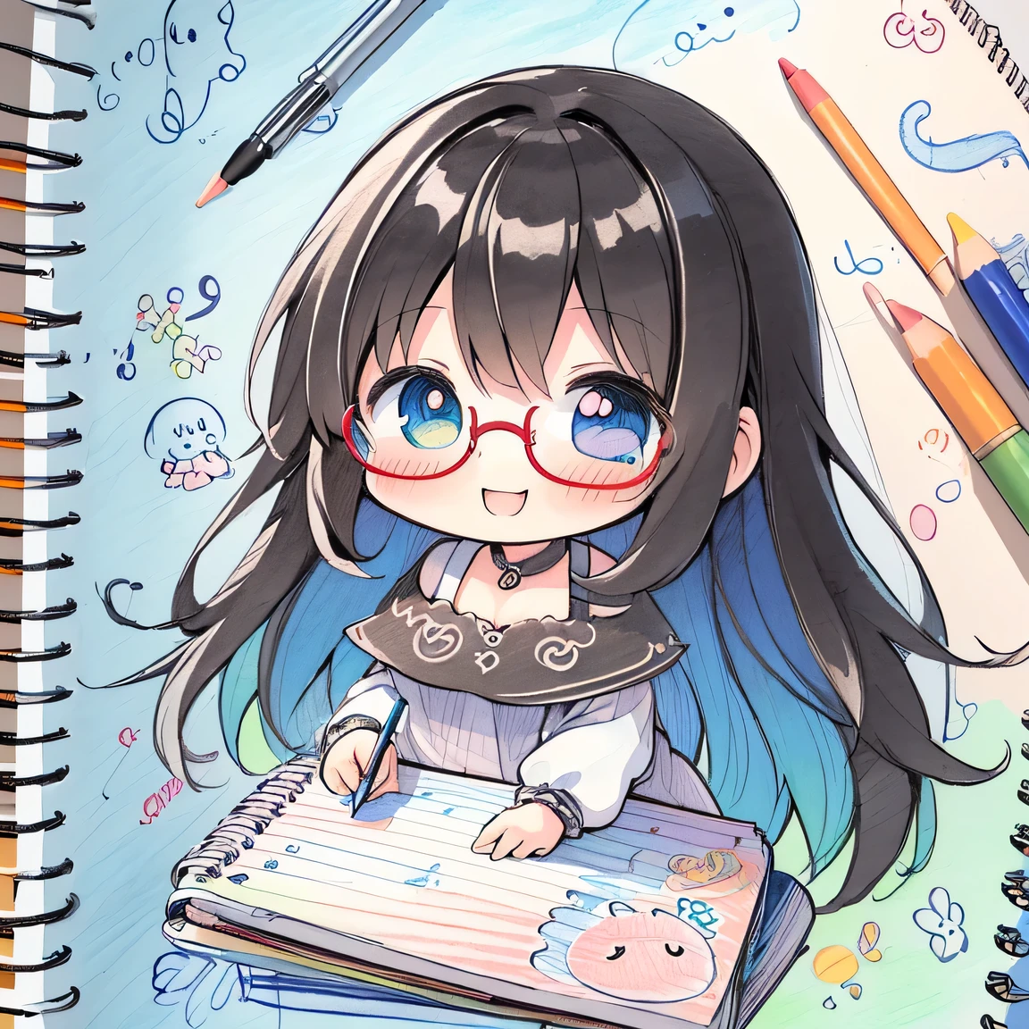 ((masterpiece)), ((best quality)), (ultra-detailed), ((kawaii)), cute, (lovely), illustration, anime style, (chibi:1.4), white ????????, (beautiful eyes), beautiful black hair, (long hair), slim, slender, glasses, medium breast, (colorful crayons:1.2), (Doodling in a sketchbook:1.6), Looks like a lot of fun, smiling, Looking innocent.