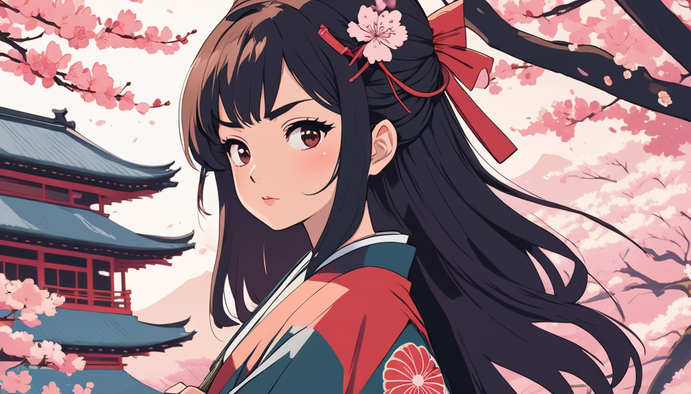 Female samurai,knife,Background is cherry blossoms and a Japanese temple、 Wide-angle lens, Lofi Anime, Lofi illustration, Aesthetic atmosphere, Lo-Fi Style, Vector art, Flat Design, Simple shape, Warm tones, Pleasant atmosphere, Chill, In anime style, Digital drawing, Vector art, Vector logo for t-shirt printing, (Adorable:1.5), (small:1.4), (Playful:1.2), (soft:1.3), (Whimsical:1.1), masterpiece, Highest quality, 8K, Intricate details, grow, Celestial, Mysterious, Picturesque, amazing, Majestic, Magic, Fantasy art, Cover art, dream-like