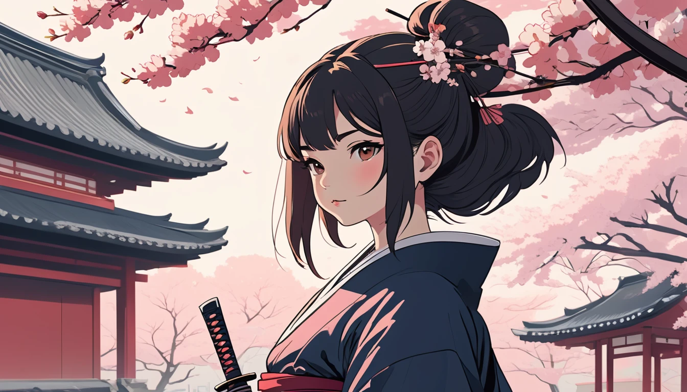 Female samurai,knife,Background is cherry blossoms and a Japanese temple、 Wide-angle lens, Lofi Anime, Lofi illustration, Aesthetic atmosphere, Lo-Fi Style, Vector art, Flat Design, Simple shape, Warm tones, Pleasant atmosphere, Chill, In anime style, Digital drawing, Vector art, Vector logo for t-shirt printing, (Adorable:1.5), (small:1.4), (Playful:1.2), (soft:1.3), (Whimsical:1.1), masterpiece, Highest quality, 8K, Intricate details, grow, Celestial, Mysterious, Picturesque, amazing, Majestic, Magic, Fantasy art, Cover art, dream-like