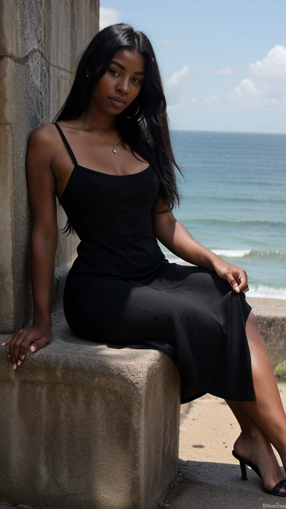 (((Brazilian))), age 28, ((Bblack hair, very long and smooth)) sitting looking at the sea, (Long black dress), ((darkskin, black, black)), (((Don&#39;t show your hands, do not leave visible))) , photo taken with Iphone 15 Pro Max