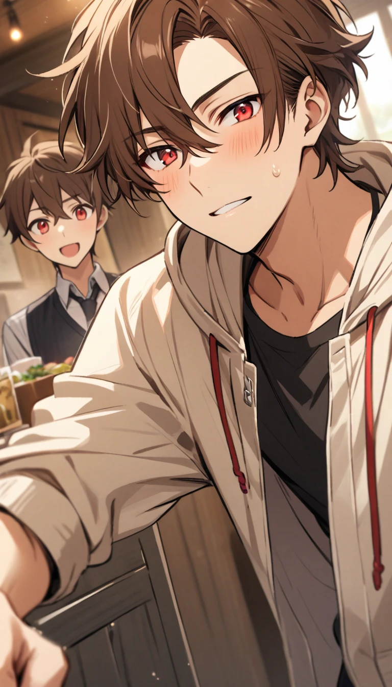 Handsome,、A young man showing,Brown hair, Red Eyes