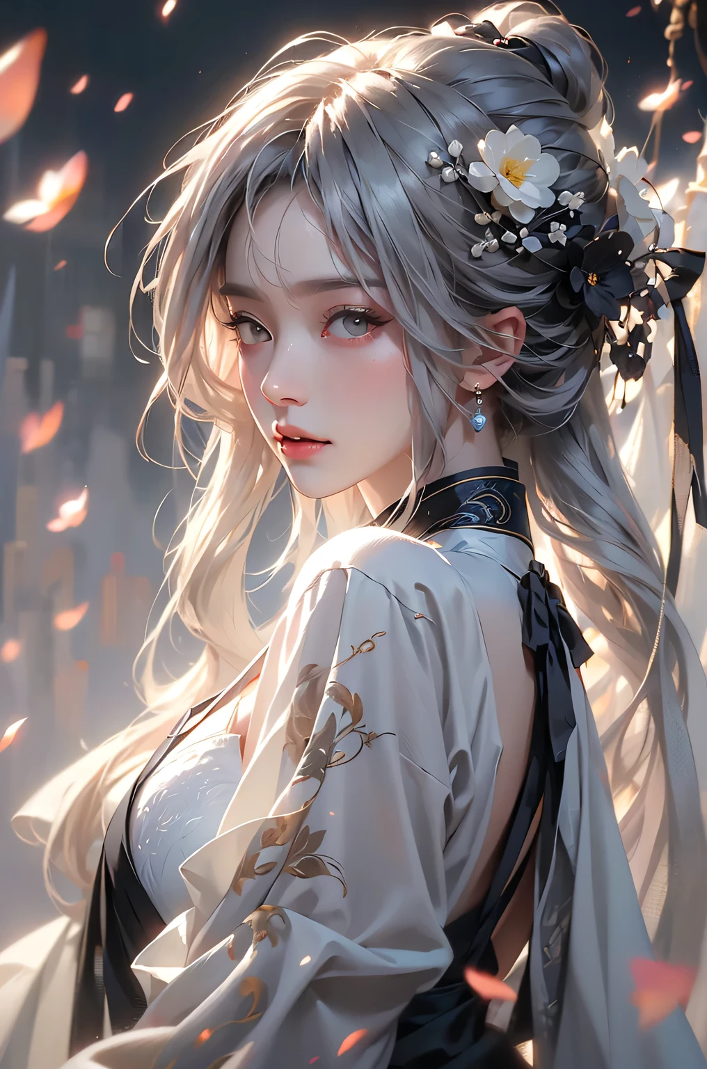 super high quality, masterpiece, Perfect illustration, Very detailed (Exquisite light and shadow, Very dramatic photo,Backlight) , ((Gray Hair:1.5))1 Girl,(( alone:1.6)), (Wearing Han clothes, Black and white Hanfu,Monotony,Long sleeve) Flower Field, Flowers, (White smoke:1.3) (Realistic:1.4), Zen Intertwining, Tangled, Official Art, unity 8k wallpaper, Very detailed, Beautiful and beautiful, masterpiece, Highest quality, (Dynamic Angle: 1.4), Glowing Skin, (Floating colorful flashes: 1) The most beautiful chaotic shapes, elegant, Brutalist Design, Bright colors, Romantic Depth of Field Exotic_dance, half_naked、(Separate sleeves:1.4, Expose your shoulders、Ample breasts、Beautiful cleavage)(side view)