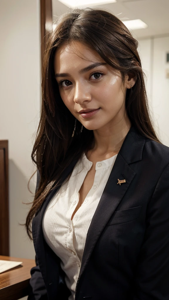 table top、highest quality、genuine、Super detailed、finely、High resolution、8k wallpaper、one beautiful woman、、、light brown disheveled hair、wearing a business suit、sharp focus、perfect dynamic composition、beautiful and detailed eyes、thin hair、Detailed genuine skin texture、smile、model body shape、In Tokyo at morning、Brush your hair up with your fingers.