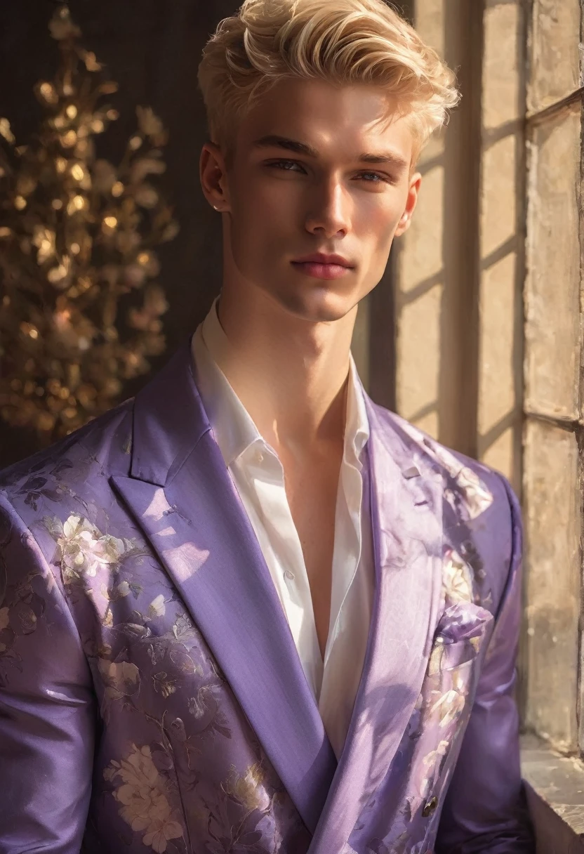 Candid image shot of 2man, mixed of male supermodel, 24-37 year old, an attractive and charming,, masculine appearance, slender, short platinum blonde hair in an undercut hairstyle, masculine appearance with slender physique, small pectorals, symmetric face, natural olive skin tone exudes youthfulness and athleticism, he is very photogenic man, Position him against an ornate dark background featuring a framed white and purple floral painting to add depth and richness to the scene, (He wears an open luxurious light purple and white patterned suit), semi hard bulge, His expression is serene and slightly introspective, with a soft confident gaze directed slightly off-camera, Utilize natural soft lighting streaming in from a window, casting gentle highlights and shadows that accentuate the contours of his face and the texture of his robe, The light creates a warm intimate atmosphere with a golden tone that enhances his skin and the robe, The interplay of light and shadow adds depth and dimension to the scene, slightly blurred focus background, bringing him into sharp clear detail while the rich tones of the background enhance the overall opulence of the image. Capture full-body short, dynamic angle, using a Canon EOS R7 and Sigma AF 85mm F1.4 EX DG HSM lens by Thomas Synnamon, Employ a shallow depth of field to focus closely on his face and body while softly blurring the background, Draw inspiration from high-fashion photographer, emphasize detail, texture and a sophisticated luxurious atmosphere, Emphasize the golden warm lighting and its effect on enhancing his features and the robe's rich textures, creating a visually captivating and elegant portrait that exudes warmth and sophistication, The overall mood blend the classical elegance of the modern, high-fashion aesthetic, producing an image that feels both timeless and contemporary, raw photo, masterpiece, best quality, Correct body structure, Correct photo distance,