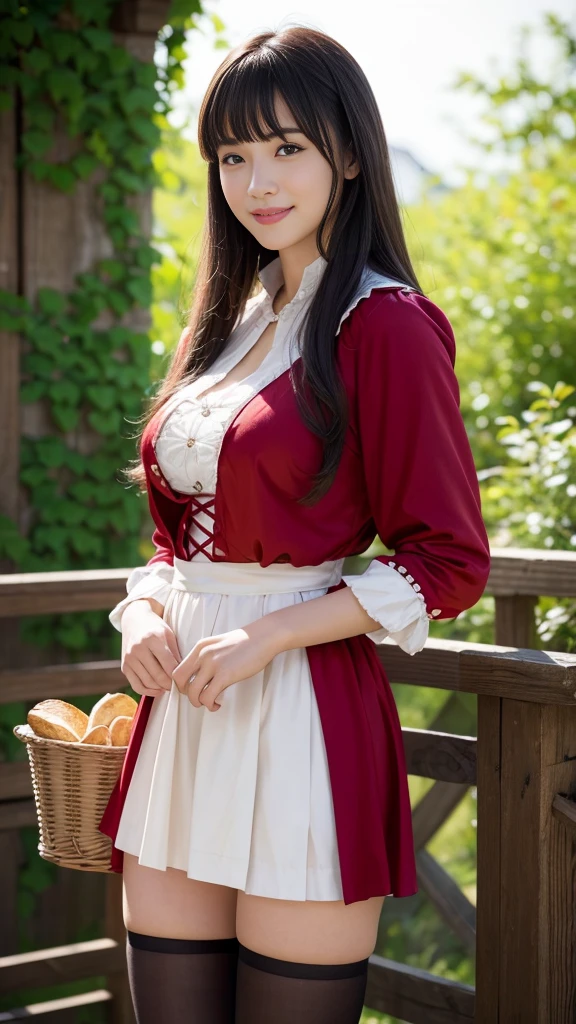 nsfw:0.1、4K, Realistic,Very detailed,((Big Breasts))、18-year-old、((blunt bangs))、(smile))、(Little Red Riding Hood)、(Medieval clothing)、(mini skirt)、Thigh-high stockings、(Carrying a basket of bread and wine)、grassland、((Delicate painting)),(Detailed RAW photos of girls), (Masterpiece:1.25), (Highest quality:1.6), (Ultra-high resolution:1.5), (Realistic:1.75), 8K resolution,:1.6), Canon EOS R5, 50mm,Very detailedな,Cinema Lighting