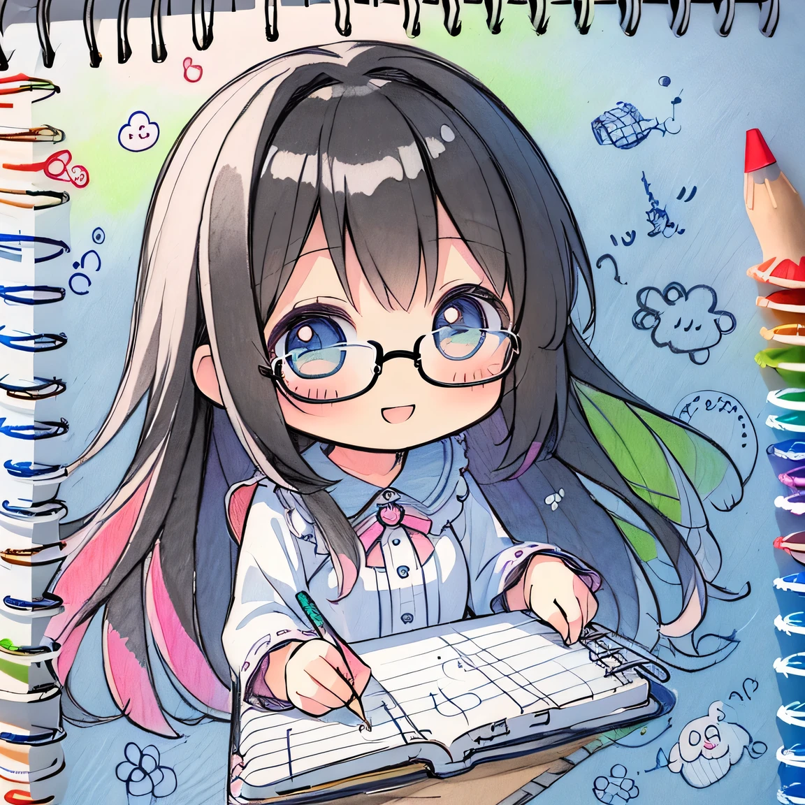 ((masterpiece)), ((best quality)), (ultra-detailed), ((kawaii)), cute, (lovely), illustration, anime style, (chibi:1.4), white sundress, (beautiful eyes), beautiful black hair, (long hair), slim, slender, glasses, medium breast, (colorful crayons:1.2), (Doodling in a sketchbook:1.6), Looks like a lot of fun, smiling, Looking innocent.