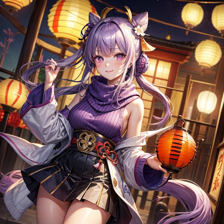 (Realistic style:0.9), masterpiece, best quality, absurd, Looking at the audience, Solitary, Keqing (Lantern Festival) (Genshin Impact), Keqing (Genshin Impact), Hair Bun, skirt, scarf, purple sweater, white skirt, Purple Hair, sweater, Double tail, Purple Eyes, Diamond-shaped pupil, Hair accessories, Bare shoulders, Smile, breast, cone Hair Bun, Long hair, belt, Hammerhead, Long sleeve, Bangs, bow, Flowering, hair bow,Ribbon, hair Ribbon, Weaving, lattice scarf, lattice, Off-shoulder