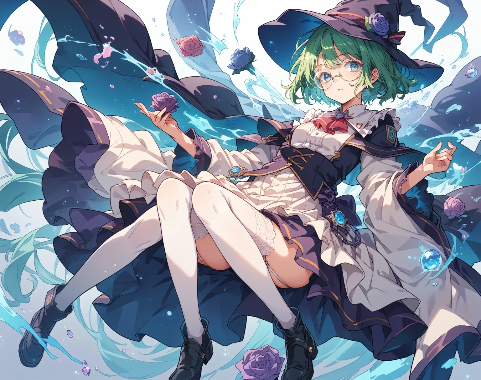 A large witch's hat with a wide frill and a purple rose decoration, a robe with the Duke's coat of arms on the sleeve, a cream-colored blouse, a winered ribbon tie, a high-waisted skirt, garter stockings, and pumps.
Curly short cut, green hair, large round glasses (Zero gravity,Weightless, floating in the air holding my knees)