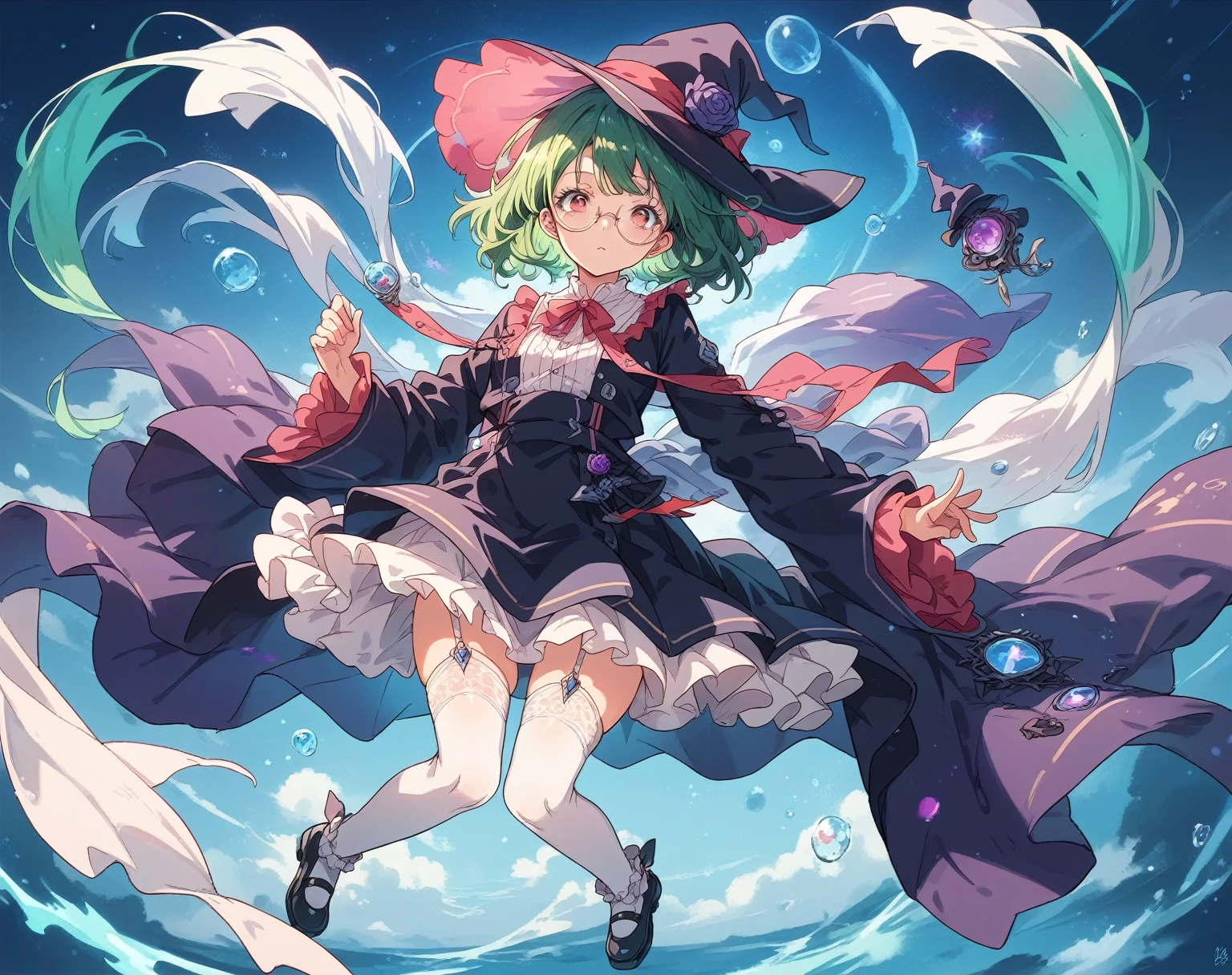 A large witch's hat with a wide frill and a purple rose decoration, a robe with the Duke's coat of arms on the sleeve, a cream-colored blouse, a winered ribbon tie, a high-waisted skirt, garter stockings, and pumps.
Curly short cut, green hair, large round glasses (Zero gravity,Weightless, floating in the air holding my knees)