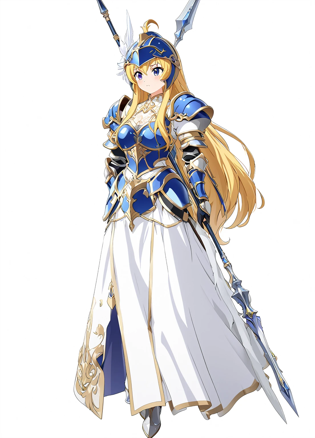 Highest quality, high resolution, High quality game art style, whole body,Valkyrie,Official Art, Smooth game CG art,Cute 3D anime girl render, Visual Novel Sprites, White background,Smooth game CG art, (((Woman with a long spear))),A woman wearing a white dress and blue armor, An intricately designed helmet with white feathers,Small shield, (((Has an exquisite long spear))),Exquisite Blue Armor,Golden Hair, long hair, female knight, Rin々Shii,Don't like to think,Large Bust,17 years old,