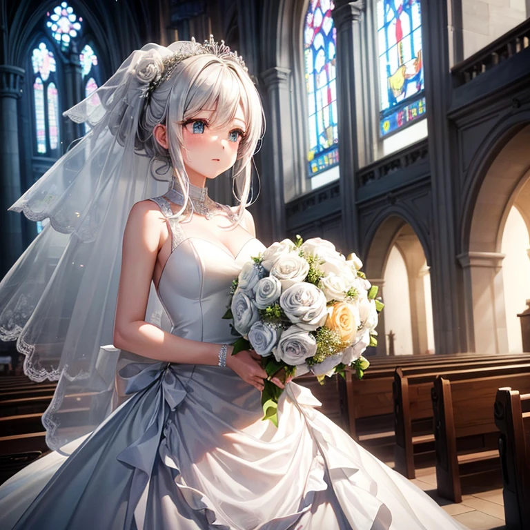 1 Girl, masterpiece, high resolution, Sonic edges_Rias_Grey Mory, ((wedding dress, church, wedding面纱, wedding, bouquet))
