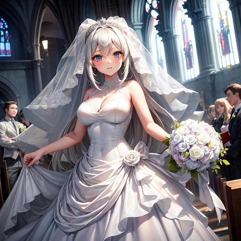 1 Girl, masterpiece, high resolution, Sonic edges_Rias_Grey Mory, ((wedding dress, church, wedding面纱, wedding, bouquet))