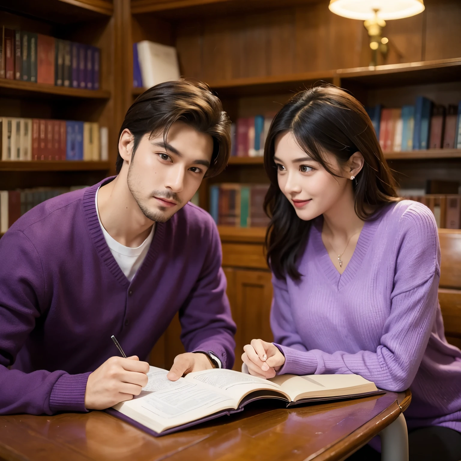 A man and woman couple wearing purple clothes having a date in a library