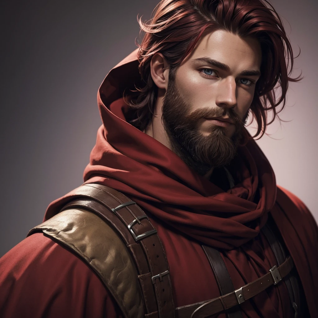 Portrait of a nordic man, dressed in red, young, brown beard and hair, red hood and robes, art style, purple eyes, short hair