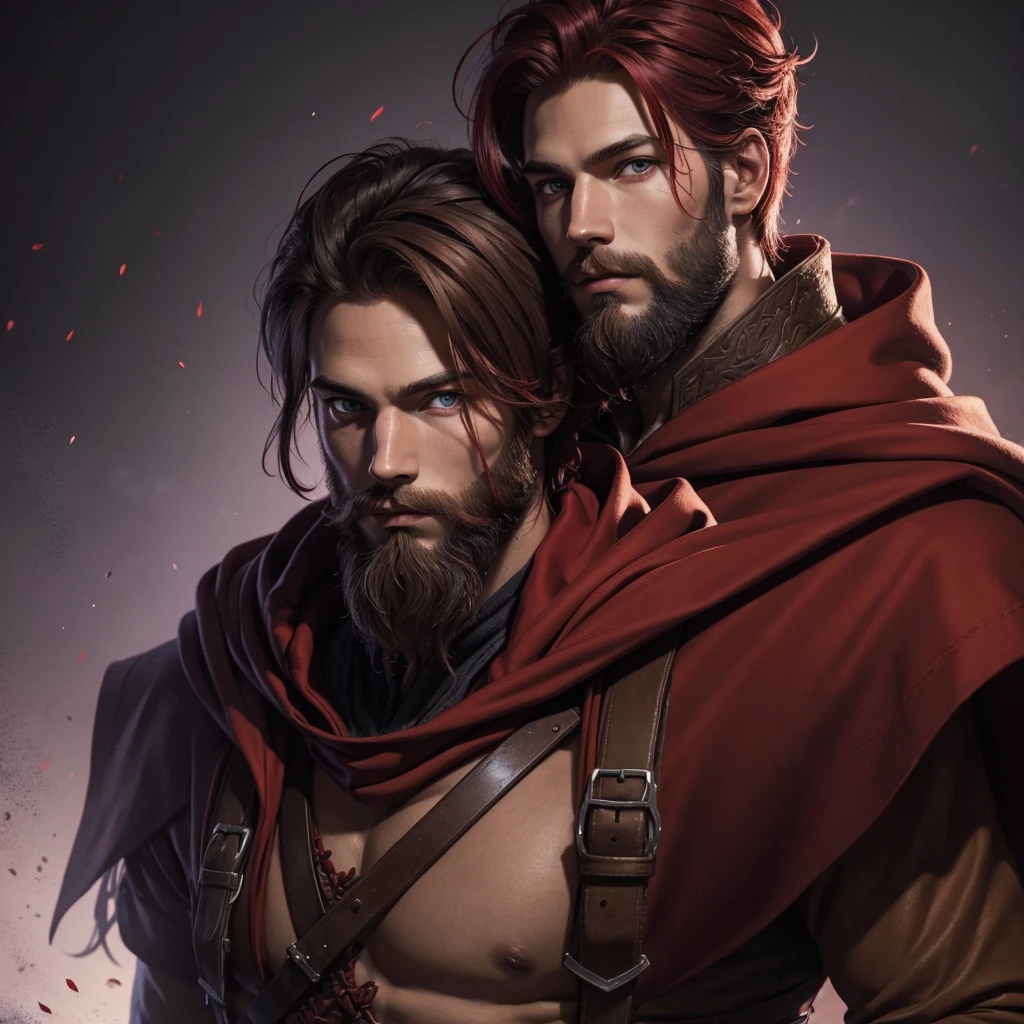 Portrait of a nordic man, dressed in red, young, brown beard and hair, red hood and robes, art style, purple eyes, short hair