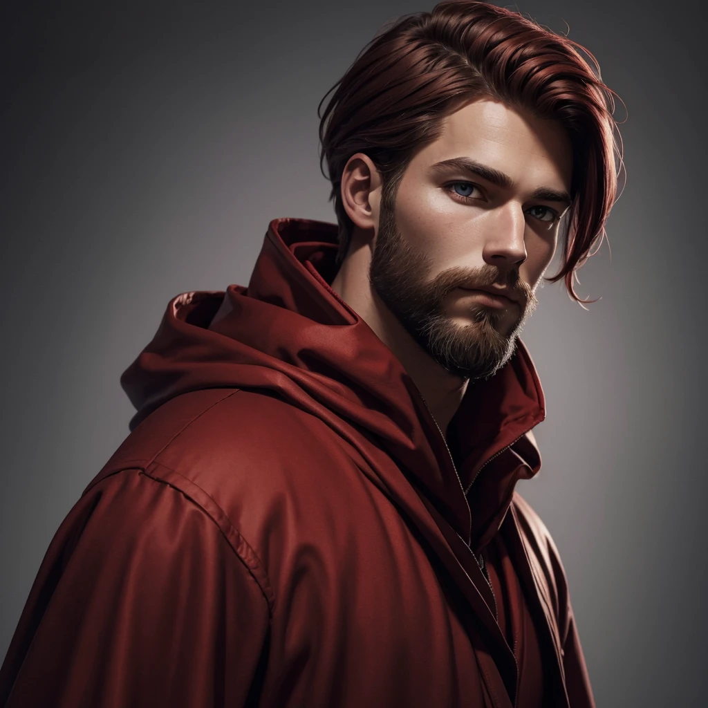 Portrait of a nordic man, dressed in red, young, brown beard and hair, red hood and robes, art style, purple eyes, short hair