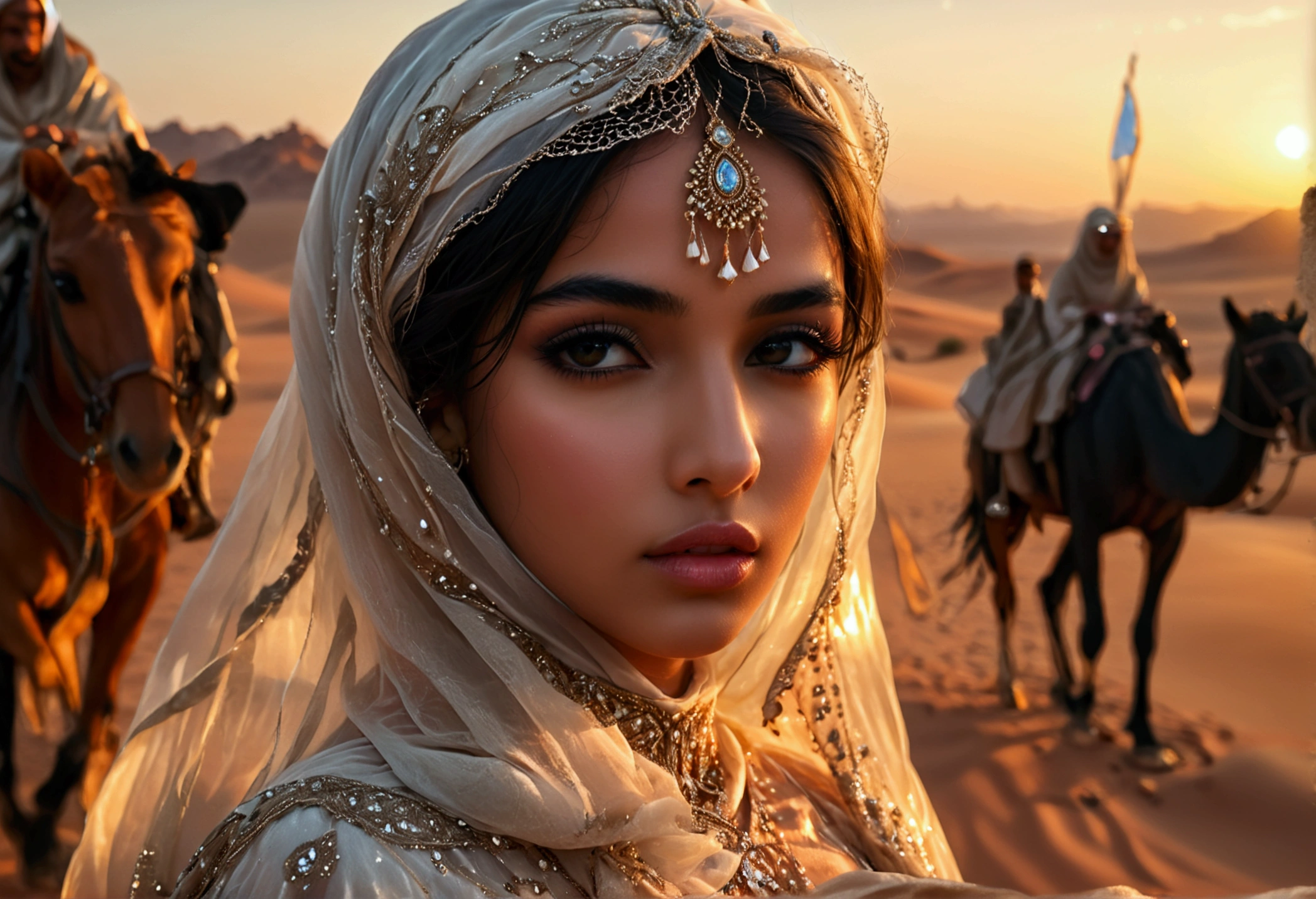 a beautiful young arabian woman, 25 years old, walking through the desert at night, wearing many fine layers of airy sheer fabric, dressed as an arabian princess, flanked by bodyguards, detailed face, beautiful eyes, detailed lips, long eyelashes, elegant pose, intricate fabric textures, moonlit desert landscape, glowing warm lighting, cinematic composition, ultra-detailed, 8k, photorealistic, masterpiece