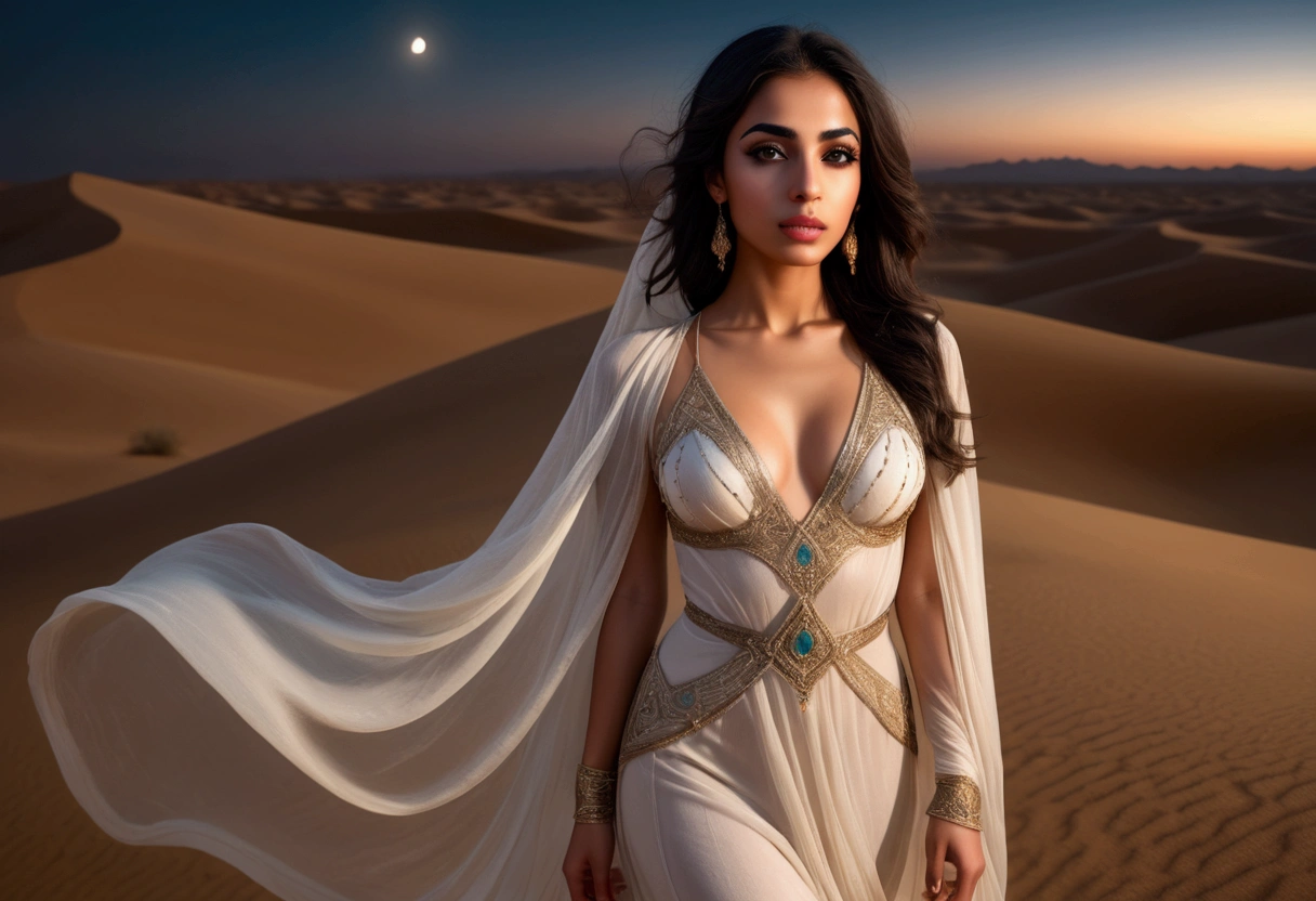 a beautiful young arabian woman, 25 years old, walking through the desert at night, wearing many fine layers of airy sheer fabric, dressed as an arabian princess, flanked by bodyguards, detailed face, beautiful eyes, detailed lips, long eyelashes, elegant pose, intricate fabric textures, moonlit desert landscape, glowing warm lighting, cinematic composition, ultra-detailed, 8k, photorealistic, masterpiece