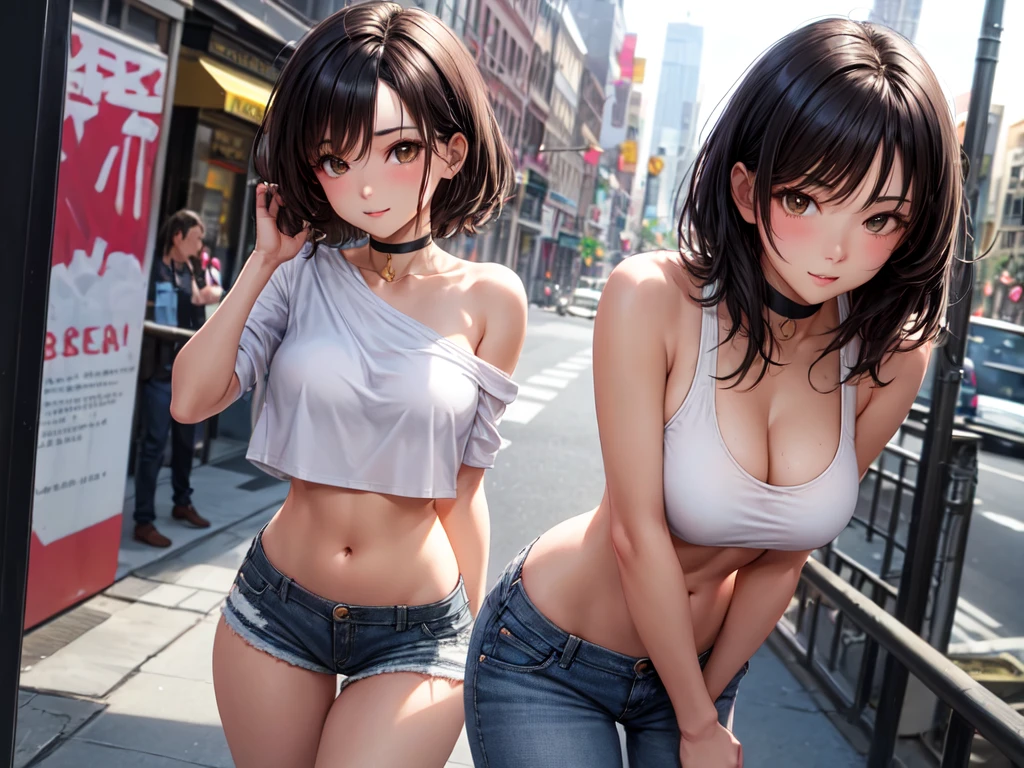 Woman with black hair., long brown eyes, tender look and a pretty but sexy face, posing sexy. , She is dressed in a low-cut white crop top and ripped short jeans.., She is very sexy posing sexy and wearing a white top showing her abdomen and low cut, choker: 1.6, thin girl, brown eyes young girl with great taste, Walking around the city, at daytime
