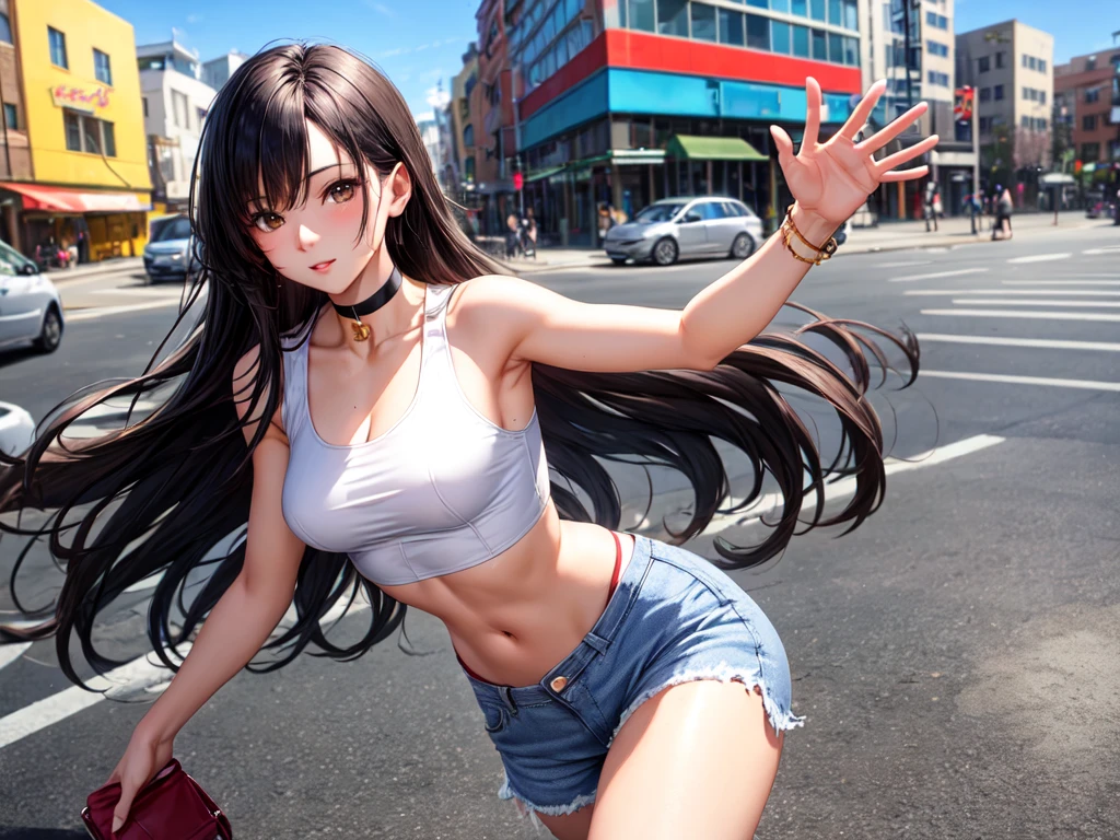 Woman with black hair., long brown eyes, tender look and a pretty but sexy face, posing sexy. , She is dressed in a low-cut white crop top and ripped short jeans.., She is very sexy posing sexy and wearing a white top showing her abdomen and low cut, choker: 1.6, thin girl, brown eyes young girl with great taste, Walking around the city, at daytime