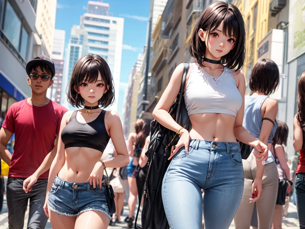 Woman with black hair., long brown eyes, tender look and a pretty but sexy face, posing sexy. , She is dressed in a low-cut white crop top and ripped short jeans.., She is very sexy posing sexy and wearing a white top showing her abdomen and low cut, choker: 1.6, thin girl, brown eyes young girl with great taste, Walking around the city, at daytime