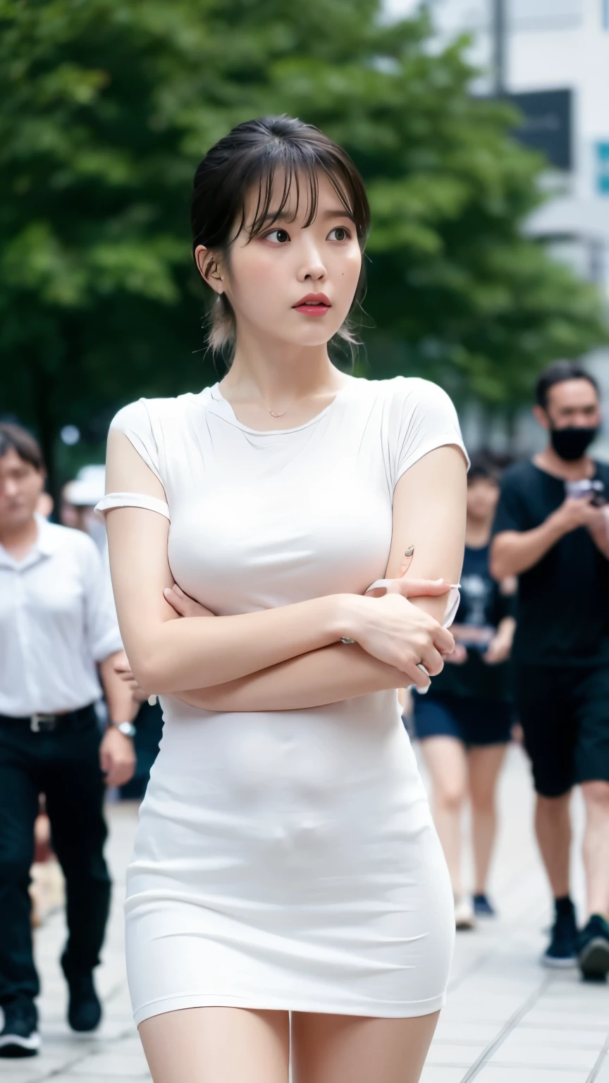 (Best quality, 8k, 32k, Masterpiece, UHD:1.2), 1girl, beautiy Japanese woman, wearing a microskirt and a white see through t-shirt