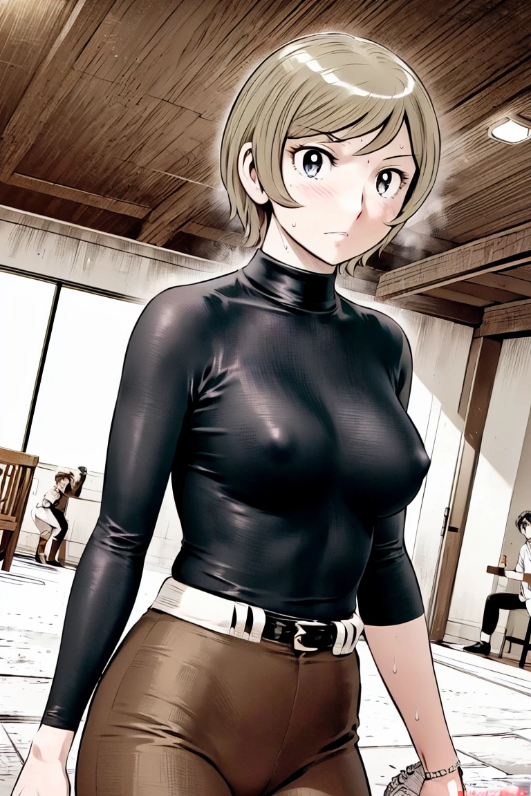 (野球uniform:1.2),
blonde, (short hair:1.2),Long sleeve, Black Shirt, turtleneck,White trousers、uniform、Black belt、((Illustration of people))、big 、Covered in mud、Soil stains、ドロドロのuniform、
View your viewers,, (Highest quality:1.3),One Girl, White pants、uniform、Outdoor、baseball ground、ground、soil、blue eyes、Tight black shirt、(masterpiece、Highest quality)、Highest quality, Ultra-high resolution, (((masterpiece))), alone, Sweat、big eyes、big Breasts、Torn clothes、 Fully exposed、Nipples、One Girl, Front view、Embarrassed face、Bronze colored hair、((short hair))、Stand up straight、Cowboy Shot