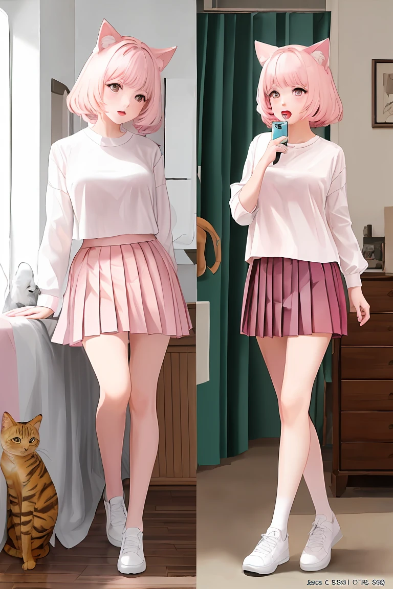 (score_9,score_8_up,score_7_up,score_6_up,score_5_up,score_4_up),masterpiece, top quality, best quality, official art, beautiful and aesthetic, animation, , 1girl with cat ear, perfect figure, pink hair, complicated details, bedroom, playing mobile phone, (white shirt, pink pleated skirt:1.5), female tilted head, cute ,